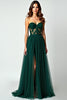 Load image into Gallery viewer, Dark Green A Line Strapless Appliques Long Prom Dress with Slit