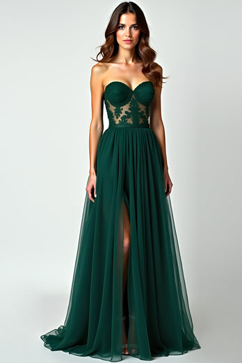 Dark Green A Line Strapless Appliques Long Prom Dress with Slit