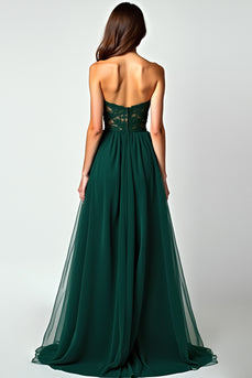 Dark Green A Line Strapless Appliques Long Prom Dress with Slit