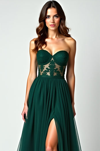 Dark Green A Line Strapless Appliques Long Prom Dress with Slit