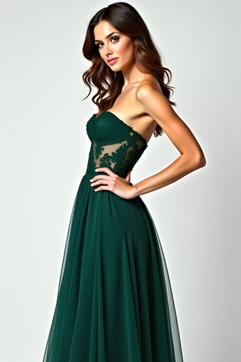 Dark Green A Line Strapless Appliques Long Prom Dress with Slit