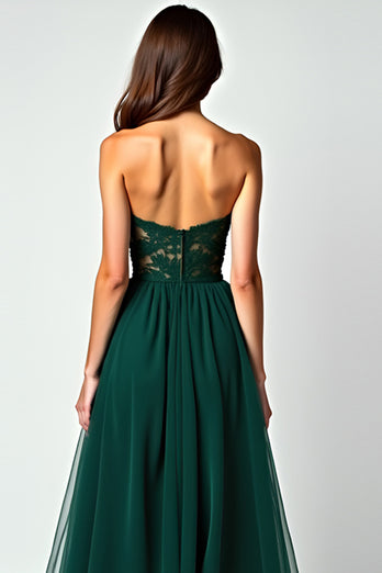 Dark Green A Line Strapless Appliques Long Prom Dress with Slit