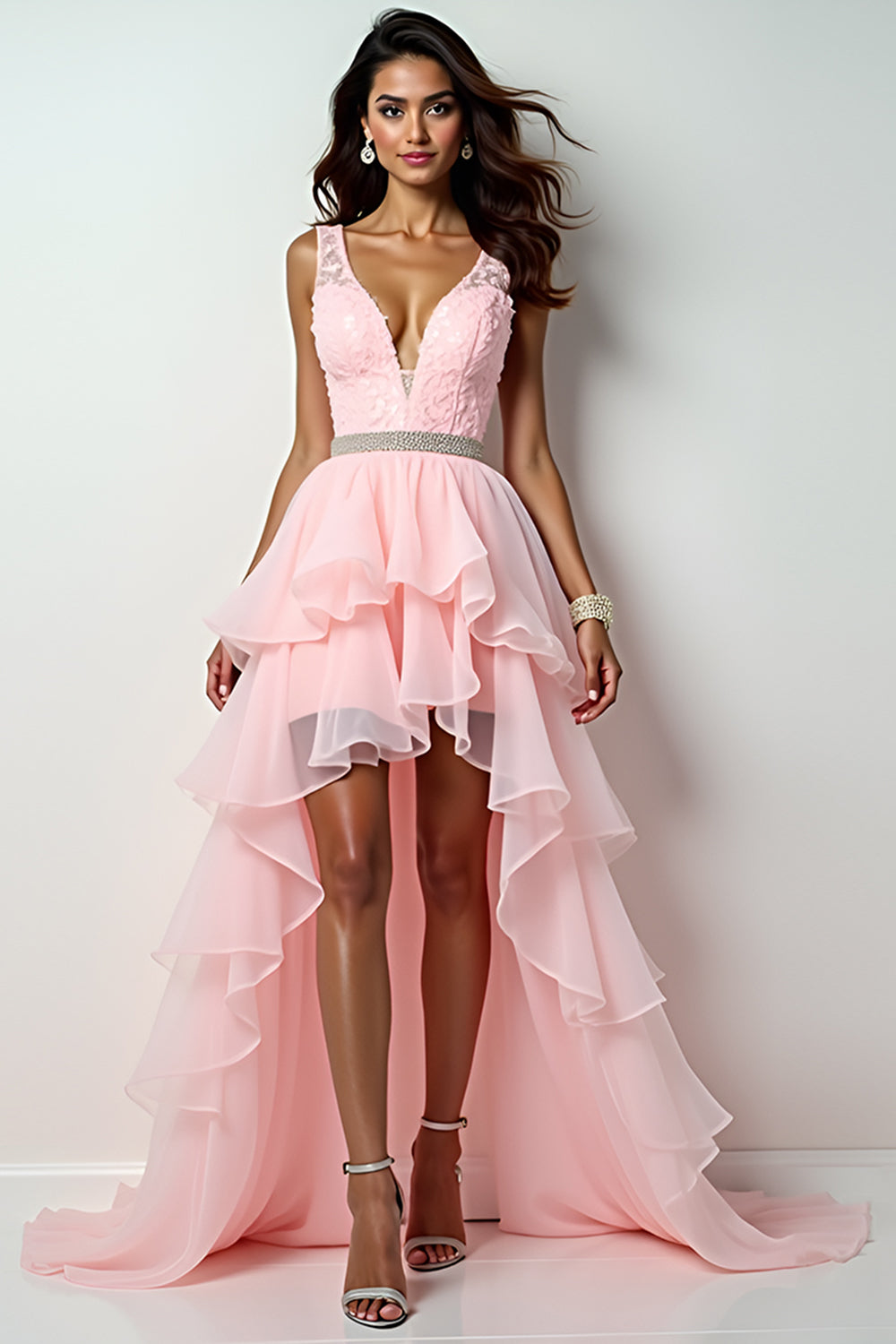 Blush Pink Asymmetrical Sweep Train Long Prom Dress