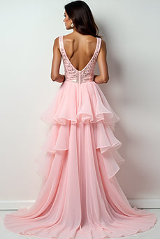 Blush Pink Asymmetrical Sweep Train Long Prom Dress