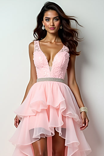 Blush Pink Asymmetrical Sweep Train Long Prom Dress