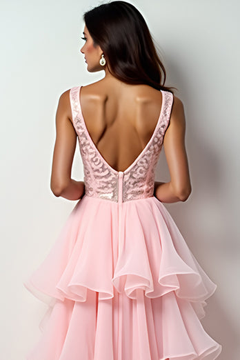 Blush Pink Asymmetrical Sweep Train Long Prom Dress