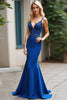 Load image into Gallery viewer, Royal Blue Mermaid Deep V-Neck Long Prom Dress with Appliques