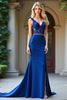 Load image into Gallery viewer, Royal Blue Mermaid V-Neck Long Beaded Prom Dress with Appliques