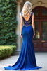 Load image into Gallery viewer, Royal Blue Mermaid V-Neck Long Beaded Prom Dress with Appliques