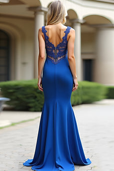 Mermaid Royal Blue Spaghetti Straps Long Prom Dress with Appliques