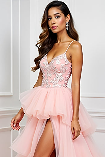 Blush Pink Appliques Sweep Train Long Prom Dress with Slit