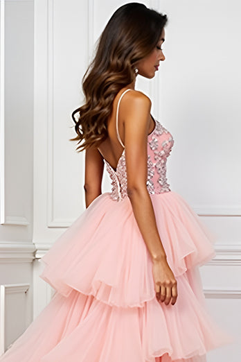 Blush Pink Appliques Sweep Train Long Prom Dress with Slit