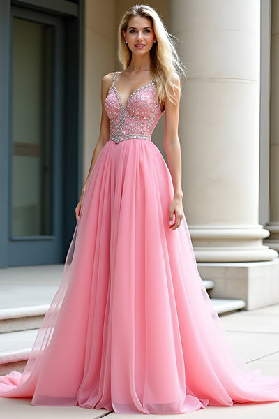 Pink Tulle Ball Gown A Line Long Prom Dress with Beading