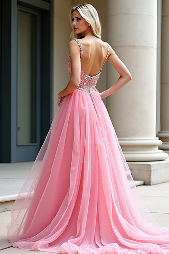 Pink Tulle Ball Gown A Line Long Prom Dress with Beading