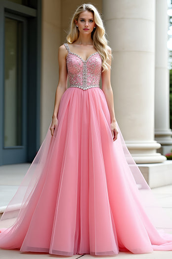 Pink Tulle Ball Gown A Line Long Prom Dress with Beading