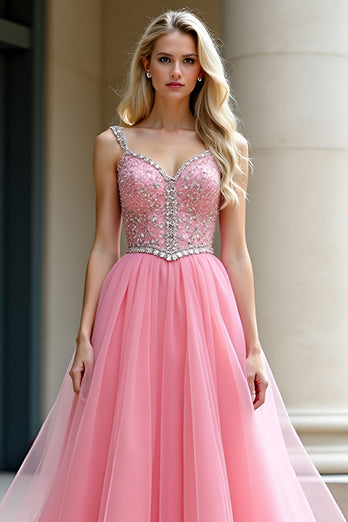 Pink Tulle Ball Gown A Line Long Prom Dress with Beading