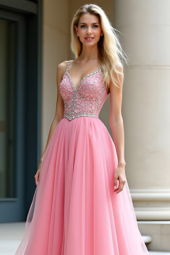 Pink Tulle Ball Gown A Line Long Prom Dress with Beading