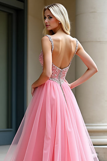 Pink Tulle Ball Gown A Line Long Prom Dress with Beading