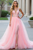 Load image into Gallery viewer, Blush Pink Appliques Long Tulle Prom Dress with Slit