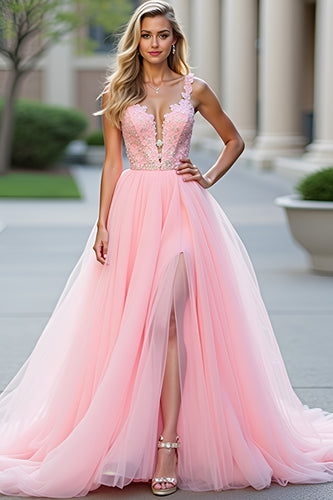 Blush Pink Appliques Long Tulle Prom Dress with Slit