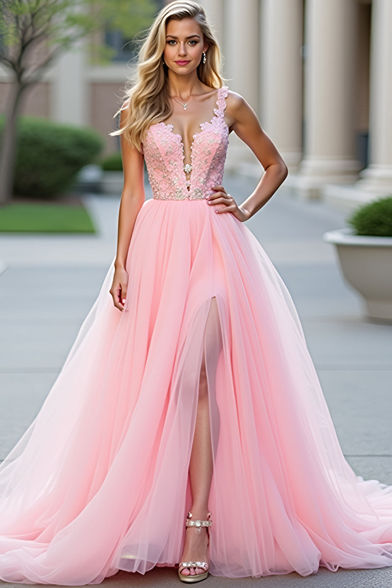 Load image into Gallery viewer, Blush Pink Appliques Long Tulle Prom Dress with Slit