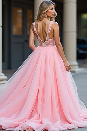 Blush Pink Appliques Long Tulle Prom Dress with Slit