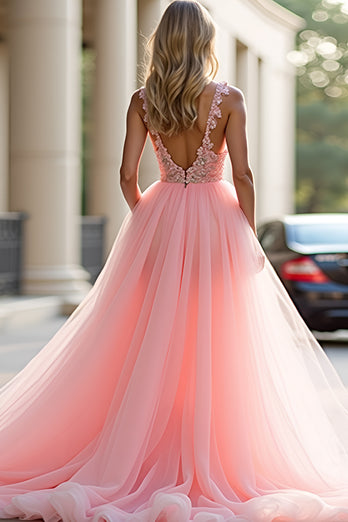 Blush Pink Appliques Long Tulle Prom Dress with Slit