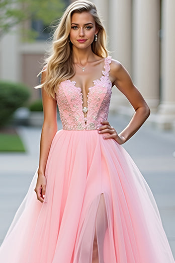 Blush Pink Appliques Long Tulle Prom Dress with Slit