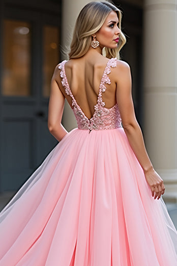 Blush Pink Appliques Long Tulle Prom Dress with Slit