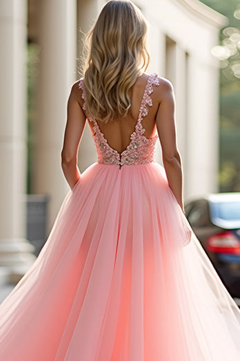 Blush Pink Appliques Long Tulle Prom Dress with Slit