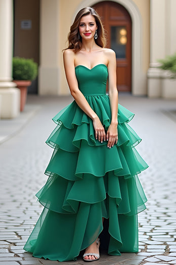 Dark Green Tiered Strapless Tulle Long Prom Dress