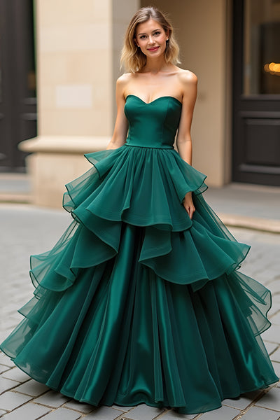 Dark Green Tiered Sweetheart Satin Long Prom Dress