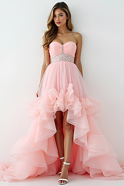 Blush Pink Asymmetrical Strapless Long Prom Dress with Ruffles