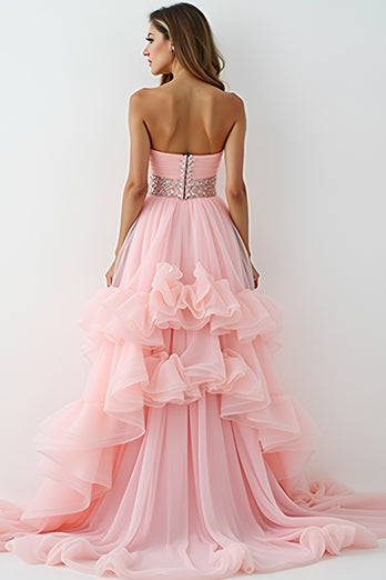 Blush Pink Asymmetrical Strapless Long Prom Dress with Ruffles