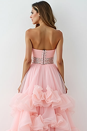 Blush Pink Asymmetrical Strapless Long Prom Dress with Ruffles