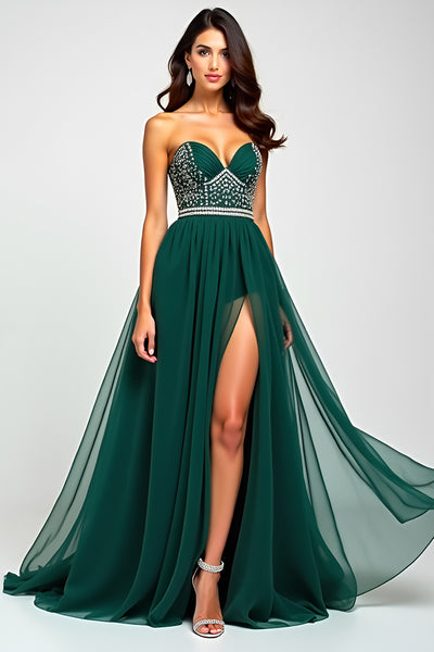 A Line Dark Green Flowy Tulle Strapless Long Prom Dress with Beading