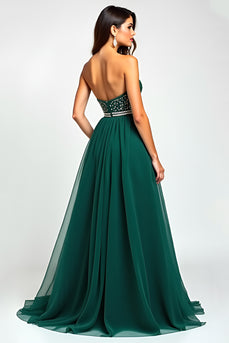 A Line Dark Green Flowy Tulle Strapless Long Prom Dress with Beading