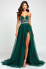 Load image into Gallery viewer, A Line Dark Green Flowy Tulle Strapless Long Prom Dress with Beading