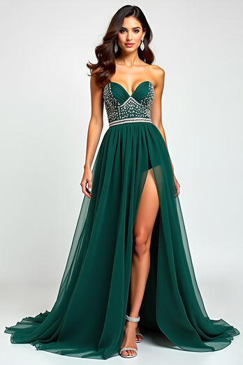 A Line Dark Green Flowy Tulle Strapless Long Prom Dress with Beading