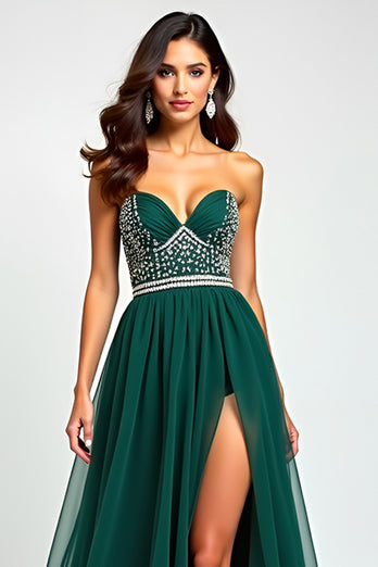 A Line Dark Green Flowy Tulle Strapless Long Prom Dress with Beading