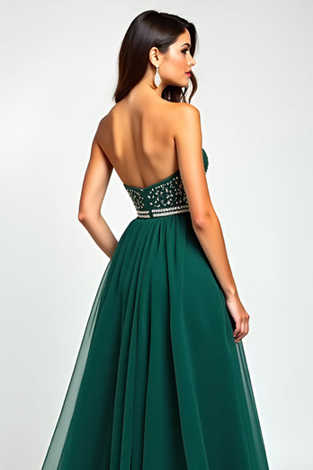 A Line Dark Green Flowy Tulle Strapless Long Prom Dress with Beading