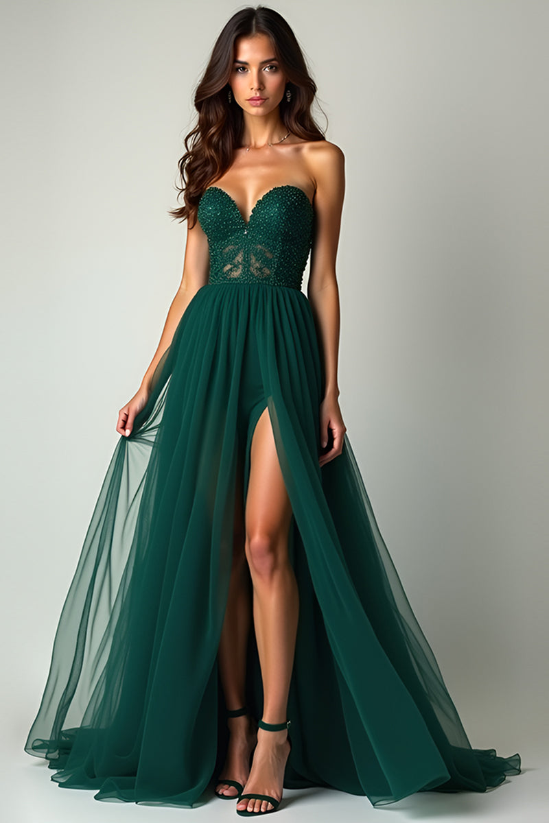 Load image into Gallery viewer, A Line Dark Green Flowy Tulle Strapless Long Beaded Prom Dress with Slit