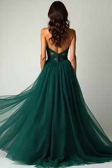 A Line Dark Green Flowy Tulle Strapless Long Beaded Prom Dress with Slit