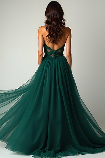 A Line Dark Green Flowy Tulle Strapless Long Beaded Prom Dress with Slit