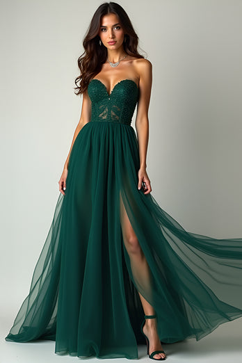 A Line Dark Green Flowy Tulle Strapless Long Beaded Prom Dress with Slit