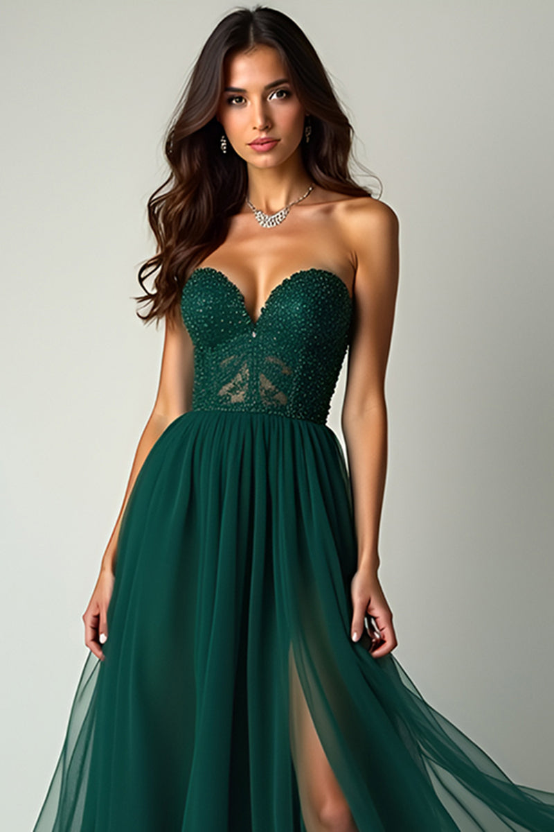 Load image into Gallery viewer, A Line Dark Green Flowy Tulle Strapless Long Beaded Prom Dress with Slit