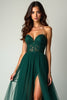 Load image into Gallery viewer, A Line Dark Green Flowy Tulle Strapless Long Beaded Prom Dress with Slit