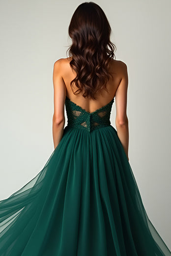 A Line Dark Green Flowy Tulle Strapless Long Beaded Prom Dress with Slit