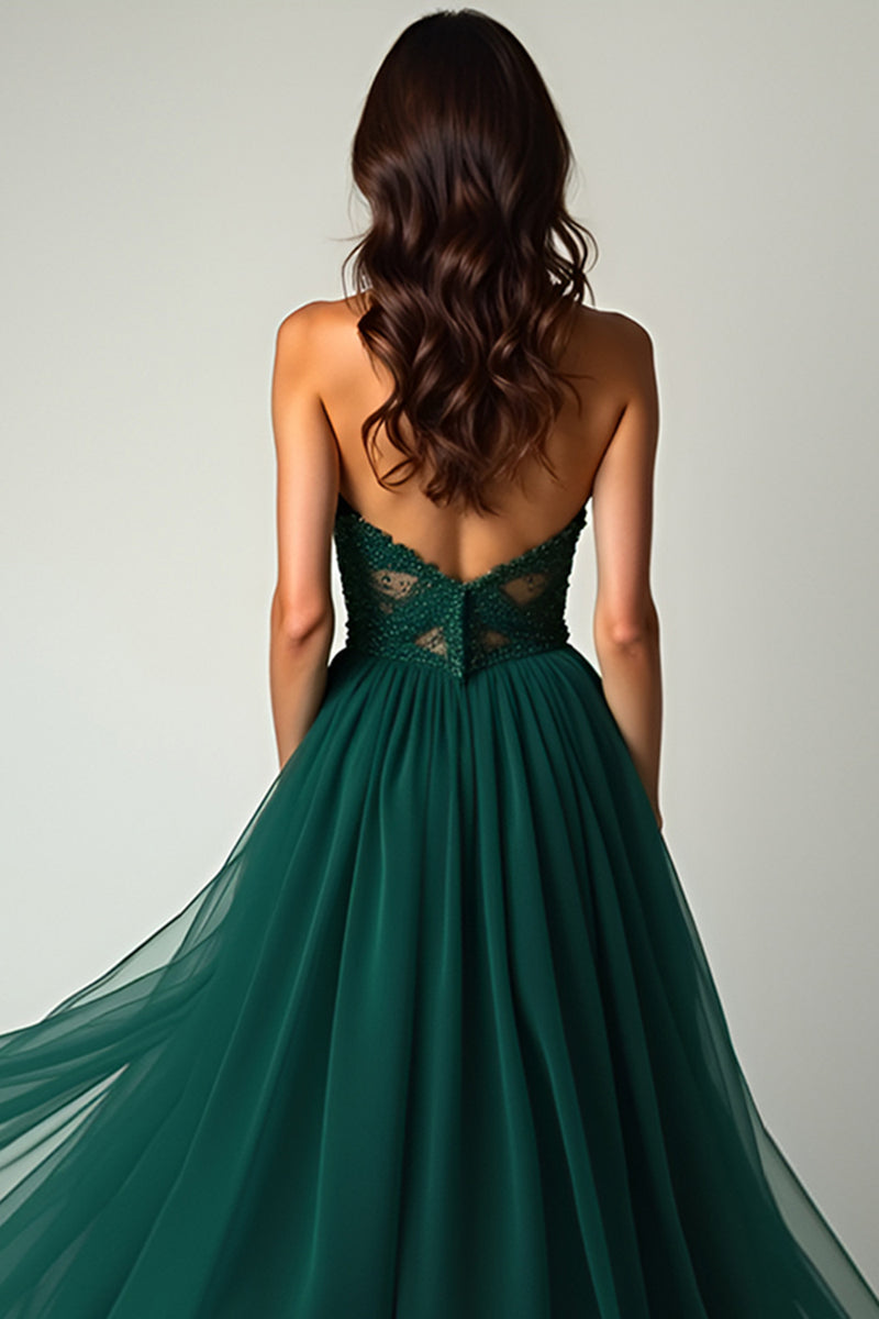 Load image into Gallery viewer, A Line Dark Green Flowy Tulle Strapless Long Beaded Prom Dress with Slit