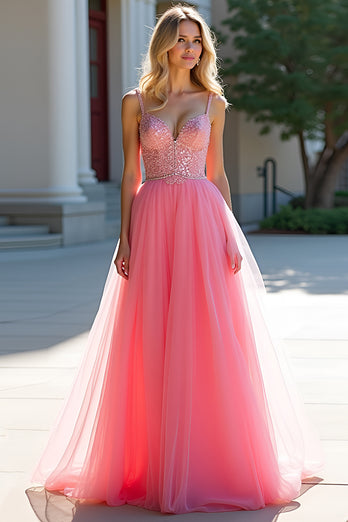 Blush Pink Tulle Ball Gown Long Prom Dress with Beading